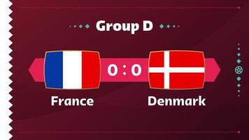francia vs dinamarca, fútbol 2022, grupo d. partido de campeonato mundial de fútbol versus antecedentes deportivos de introducción de equipos, afiche final de la competencia de campeonato, ilustración vectorial.