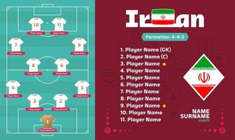 Iran line-up Football 2022 tournament final stage vector illustration. Country team lineup table and Team Formation on Football Field. soccer tournament Vector country flags.