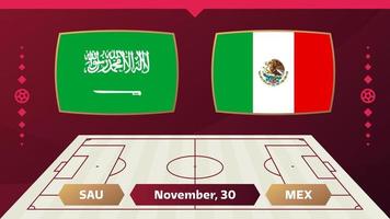 arabia saudita vs mexico, futbol 2022, grupo c. partido de campeonato mundial de fútbol versus antecedentes deportivos de introducción de equipos, afiche final de la competencia de campeonato, ilustración vectorial.