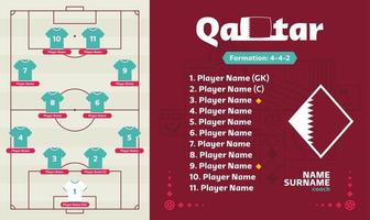 qatar line-up football 2022 torneo etapa final vector ilustración. tabla de alineación del equipo de campo y formación de equipos en el campo de fútbol. banderas de países vectoriales del torneo de fútbol.