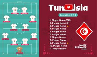 Tunisia line-up Football 2022 tournament final stage vector illustration. Country team lineup table and Team Formation on Football Field. soccer tournament Vector country flags.