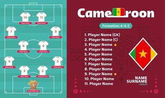 Cameroon line-up Football 2022 tournament final stage vector illustration. Country team lineup table and Team Formation on Football Field. soccer tournament Vector country flags.
