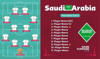 Saudi Arabia line-up Football 2022 tournament final stage vector illustration. Country team lineup table and Team Formation on Football Field. soccer tournament Vector country flags.