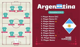 Argentina line-up Football 2022 tournament final stage vector illustration. Country team lineup table and Team Formation on Football Field. soccer tournament Vector country flags.