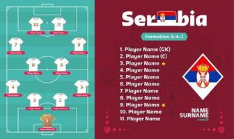 Serbia line-up Football 2022 tournament final stage vector illustration. Country team lineup table and Team Formation on Football Field. soccer tournament Vector country flags.