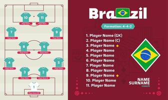 Brazil line-up Football 2022 tournament final stage vector illustration. Country team lineup table and Team Formation on Football Field. soccer tournament Vector country flags.