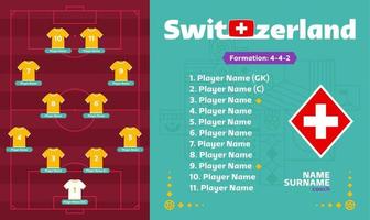Switzerland line-up Football 2022 tournament final stage vector illustration. Country team lineup table and Team Formation on Football Field. soccer tournament Vector country flags.