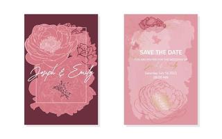 Elegant set of wedding invitation designs with peonies. Floral template in pink and gold color with botanical elements. Vector background. Set of invitations.