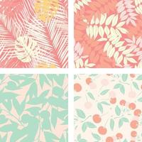 hermosas flores de hibisco, hojas, piñas conjunto de fondo de patrones sin fisuras. papel de regalo de naturaleza tropical o juego de diseño textil. hermoso estampado con plantas exóticas dibujadas a mano. vector