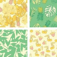 hermosas flores de hibisco, hojas, piñas conjunto de fondo de patrones sin fisuras. papel de regalo de naturaleza tropical o juego de diseño textil. hermoso estampado con plantas exóticas dibujadas a mano. vector