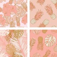 Beautiful hibiscus flowers, leaves, pineapples seamless pattern background set. Tropical nature wrapping paper or textile design set. Beautiful print with hand-drawn exotic plants. vector