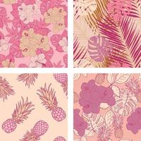 hermosas flores de hibisco, hojas, piñas conjunto de fondo de patrones sin fisuras. papel de regalo de naturaleza tropical o juego de diseño textil. hermoso estampado con plantas exóticas dibujadas a mano. vector