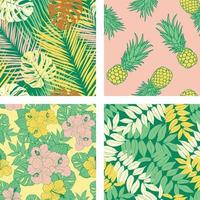 hermosas flores de hibisco, hojas, piñas conjunto de fondo de patrones sin fisuras. papel de regalo de naturaleza tropical o juego de diseño textil. hermoso estampado con plantas exóticas dibujadas a mano. vector