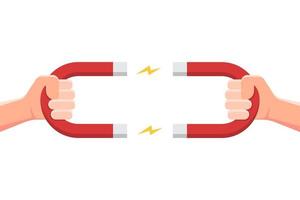 Hand holding magnet with electricity spark. Vector illustration