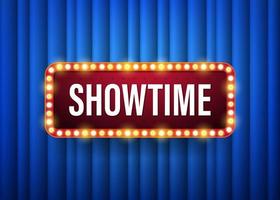 Showtime. text with electric bulbs frame on blue background. Vector illustration