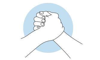 Friendly handshake. No racism. Symbol of respect and partnership. Human hands on white background.  Hand drawn linear sketch. Black silhouette. Vector, isolated vector