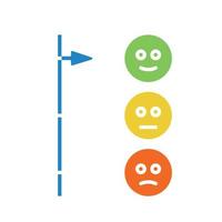Set of emotions, different color on white background. Rating scale satisfaction. Symbols of emoji. Level service, smiles. Icons for support. Vote Scale mood. Vector illustration