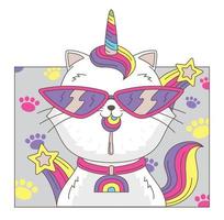 gato unicornio lleva gafas de sol ilustración vectorial. vector