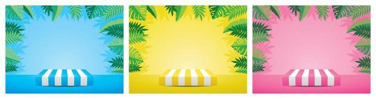 Summer display stand with summer leaves background 3D illustration vector. vector