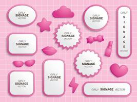 Cute signage and pink girly things vector set.