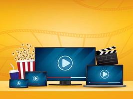 Streaming movie illustration vector. Devices for watching online movie with film background. vector