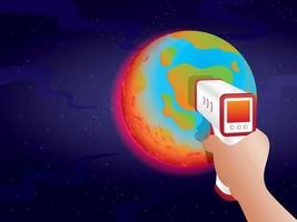 The hand is measuring world temperature. Earth's temperature illustration vector with copy space.