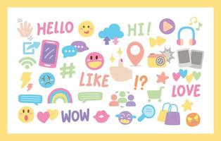 Girly social media activities and lifestyle icons vector in cute hand drawn style.