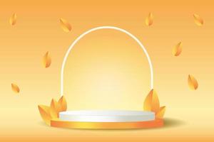 Autumn podium with white arc and leaves. 3d render orange product display scene. Vector thanksgiving platform for sale banner. White cosmetic scene mockup