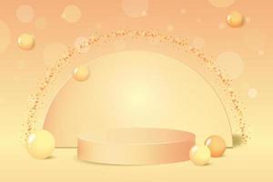 3d pastel orange podium background with bokeh effect. Product display stage with scene. Empty cosmetic stand platform with geometric decoration vector