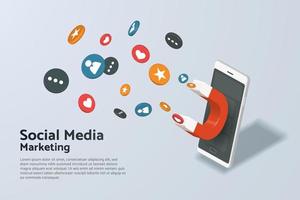 Magnets on smartphone screen attracting social media content icons. vector