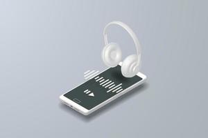 Online music streaming service application via smartphone with wireless headphones. vector