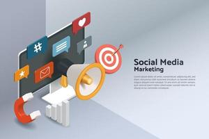 Social media marketing with megaphones and social media icons floating on screen computer vector
