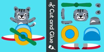 Cute cat flying on a plane. education paper game for children. cut and glue. vector illustration