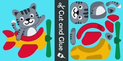 Cute cat flying on a plane. education paper game for children. cut and glue. vector illustration