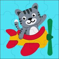 lindo gato volando en un avión, adecuado para ilustraciones de vectores de rompecabezas para niños