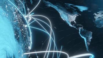 Tech earth globalization in 3d animation. Global Business dots on rotating planet. video