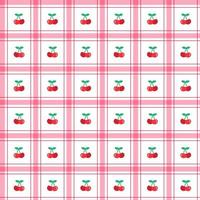 Cute Cherry leaf Fruit Element Red Green Stripe Striped Line Tilt Checkered Plaid Tartan Buffalo Scott Gingham Pattern Cartoon Vector Seamless Pattern Print Background Fashion Fabric Picnic