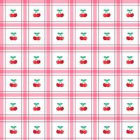 Cute Cherry leaf Fruit Element Red Green Stripe Striped Line Tilt Checkered Plaid Tartan Buffalo Scott Gingham Pattern Cartoon Vector Seamless Pattern Print Background Fashion Fabric Picnic