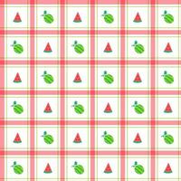 Cute Watermelon Fruit Element Red Green Stripe Striped Line Tilt Checkered Plaid Tartan Buffalo Scott Gingham Pattern Flat Cartoon Vector Seamless Pattern Print Background Food