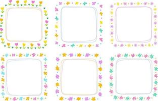 Cute Abstract Daisy Flower Square Doodle Free Hand Drawing Drawn Line Borders Frames Wreath Plate Set Collection Flat Style Rainbow Colorful Background Vector Illustration Pack