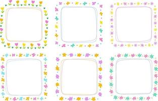 Cute Abstract Daisy Flower Square Doodle Free Hand Drawing Drawn Line Borders Frames Wreath Plate Set Collection Flat Style Rainbow Colorful Background Vector Illustration Pack