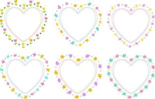 Cute Bright Abstract Heart Flower Shape Valentines Day Doodle Free Hand Drawing Drawn Line Borders Frames Wreath Plate Set Collection Flat Style Rainbow Colorful White Background Vector Illustration