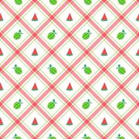 Cute Watermelon Fruit Element Red Green Diagonal Stripe Striped Line Tilt Checkered Plaid Tartan Buffalo Scott Gingham Pattern Flat Cartoon Vector Seamless Pattern Print Background Food