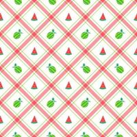 Cute Watermelon Fruit Element Red Green Diagonal Stripe Striped Line Tilt Checkered Plaid Tartan Buffalo Scott Gingham Pattern Flat Cartoon Vector Seamless Pattern Print Background Food