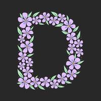 Floral botanical alphabet. Vintage hand drawn letter D. Letter with plants and flowers. Vector lettering isolated on white