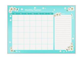 Monthly Planner to do list, notes. Printable schedule, calendar for study, school or work. Vector illustration. Green vector design template. Elegant cute blue spring flowers organizer and notepad.