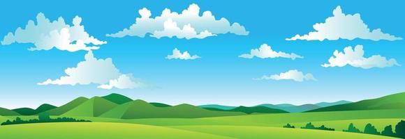 Cartoon colorful panorama of spring summer beautiful nature, green grasslands meadow with mountains on horizon background, summer mountain landscape, dawn over the valley. Vector illustration