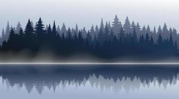 Vector mountains forest background texture, silhouette of coniferous forest, vector. Season trees by the lake, reflection in the water spruce, fir. Horizontal landscape.