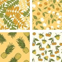 hermosas flores y frutas de verano conjunto de fondo de patrones sin fisuras. papel de regalo de naturaleza tropical o juego de diseño textil. hermoso estampado con plantas exóticas dibujadas a mano. vector