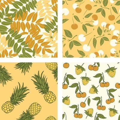 Beautiful flowers and summer fruits seamless pattern background set. Tropical nature wrapping paper or textile design set. Beautiful print with hand-drawn exotic plants.